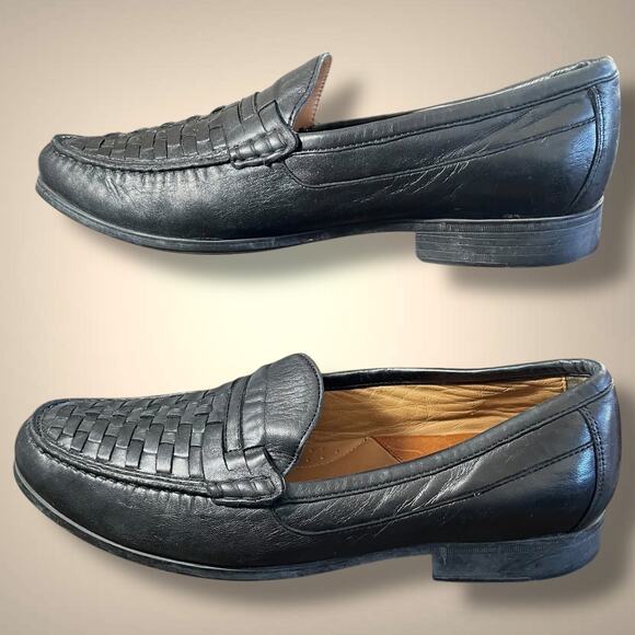 Men's Size 9.5 JOHNSTON & MURPHY  Black Woven Slip-On Sheepskin Loafers EUC - Picture 2 of 9